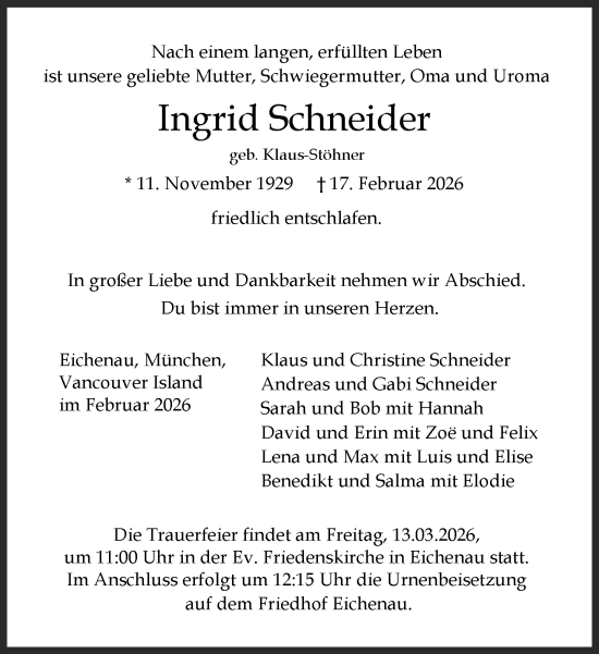 Traueranzeige von Ingrid Schneider von Süddeutsche Zeitung