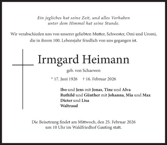 Traueranzeige von Irmgard Heimann von Süddeutsche Zeitung