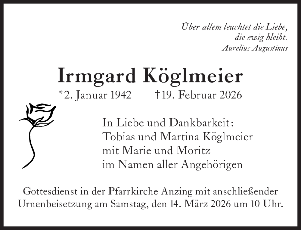  Traueranzeige für Irmgard Köglmeier vom 28.02.2026 aus Süddeutsche Zeitung
