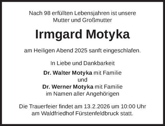 Traueranzeige von Irmgard Motyka von Süddeutsche Zeitung
