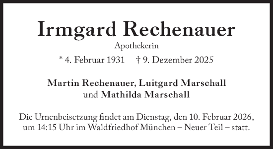 Traueranzeige von Irmgard Rechenauer von Süddeutsche Zeitung