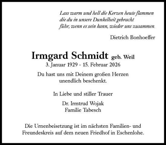 Traueranzeige von Irmgard Schmidt von Süddeutsche Zeitung