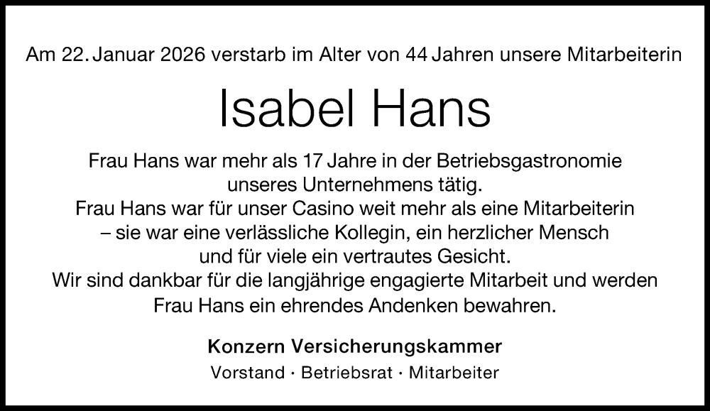  Traueranzeige für Isabel Hans vom 07.02.2026 aus Süddeutsche Zeitung