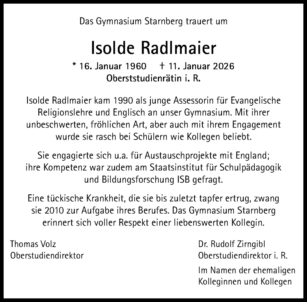  Traueranzeige für Isolde Radlmaier vom 31.01.2026 aus Süddeutsche Zeitung