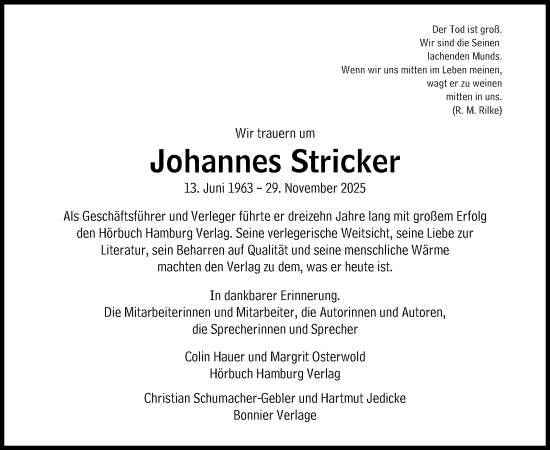 Traueranzeige von Johannes Stricker von Süddeutsche Zeitung