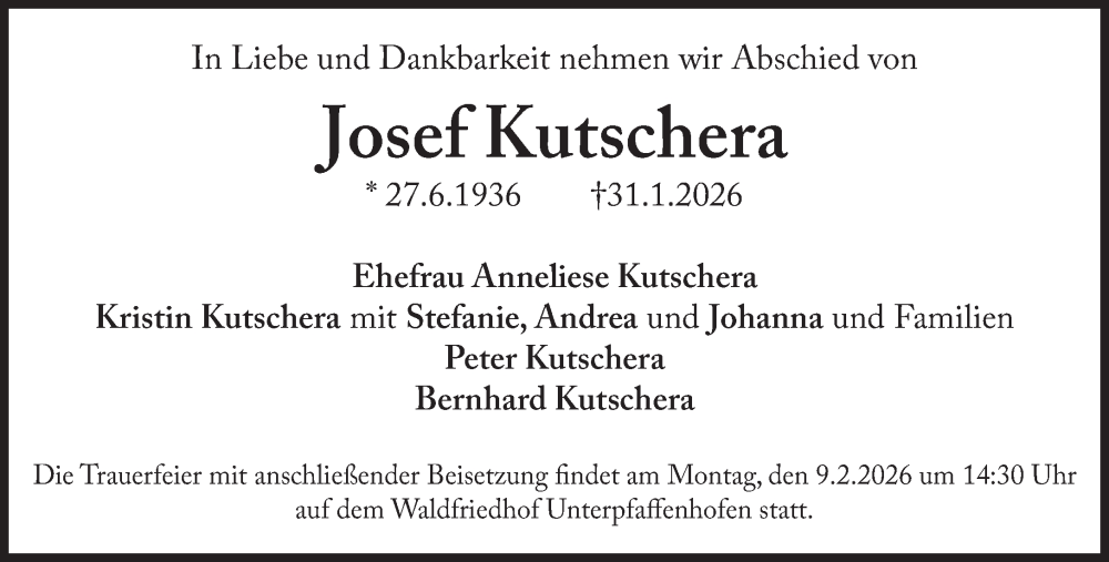  Traueranzeige für Josef Kutschera vom 07.02.2026 aus Süddeutsche Zeitung