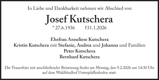 Traueranzeige von Josef Kutschera von Süddeutsche Zeitung