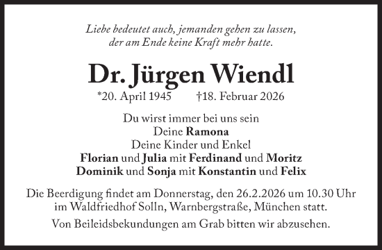 Traueranzeige von Jürgen Wiendl von Süddeutsche Zeitung
