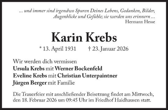 Traueranzeige von Karin Krebs von Süddeutsche Zeitung