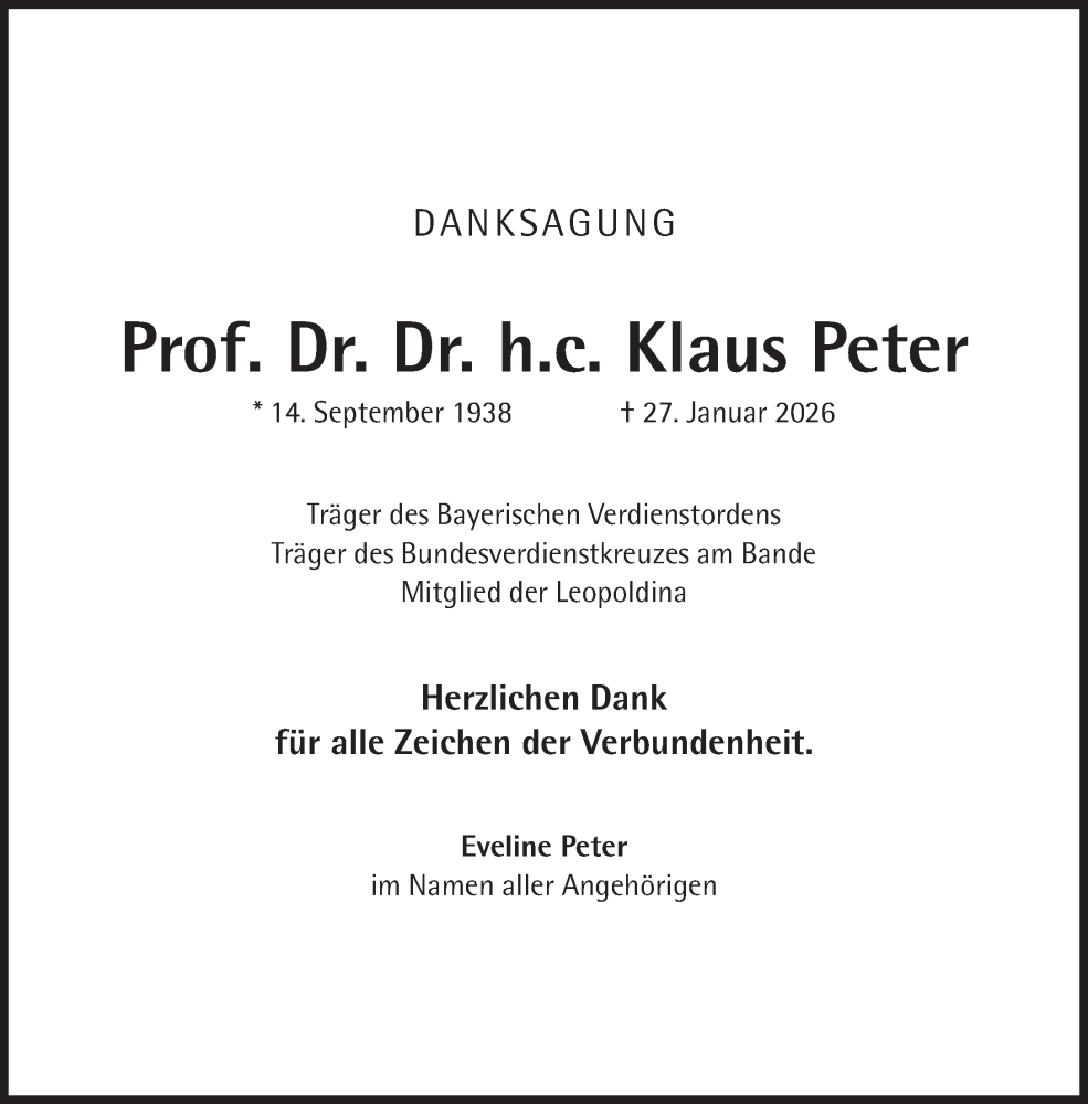  Traueranzeige für Klaus Peter vom 14.02.2026 aus Süddeutsche Zeitung