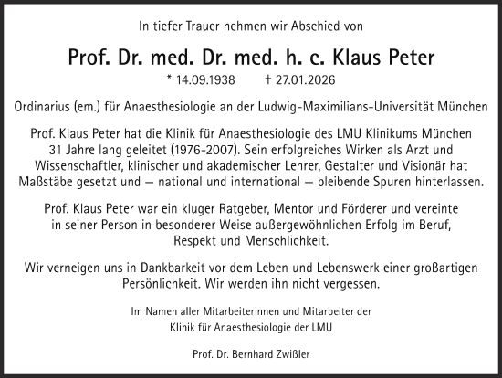 Traueranzeige von Klaus Peter von Süddeutsche Zeitung