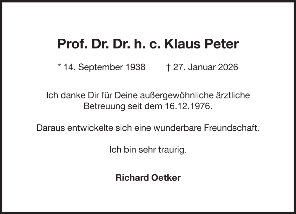  Traueranzeige für Klaus Peter vom 05.02.2026 aus Süddeutsche Zeitung