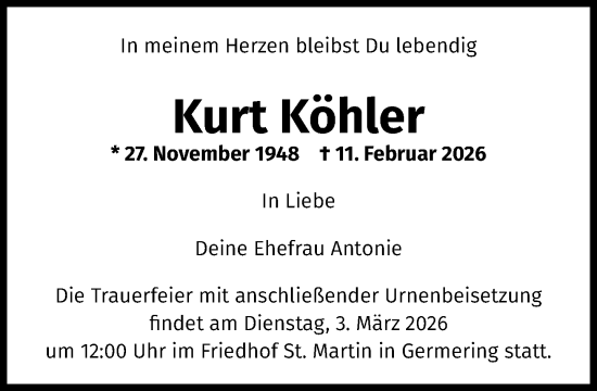 Traueranzeige von Kurt Köhler von Süddeutsche Zeitung