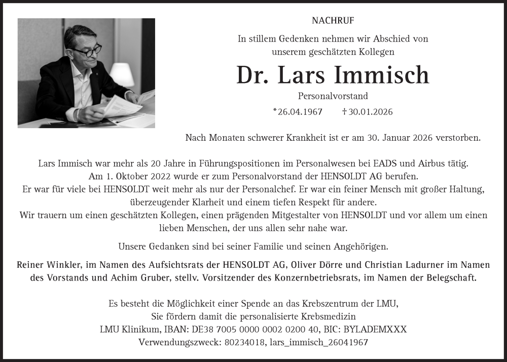  Traueranzeige für Lars Immisch vom 07.02.2026 aus Süddeutsche Zeitung