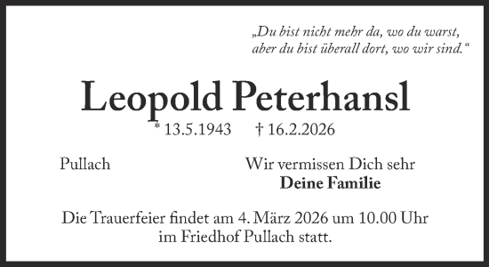 Traueranzeige von Leopold Peterhansl von Süddeutsche Zeitung