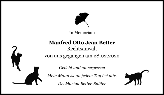Traueranzeige von Manfred Otto Jean Better von Süddeutsche Zeitung