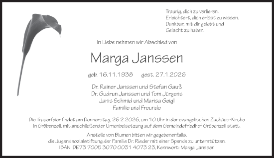 Traueranzeige von Marga Janssen von Süddeutsche Zeitung
