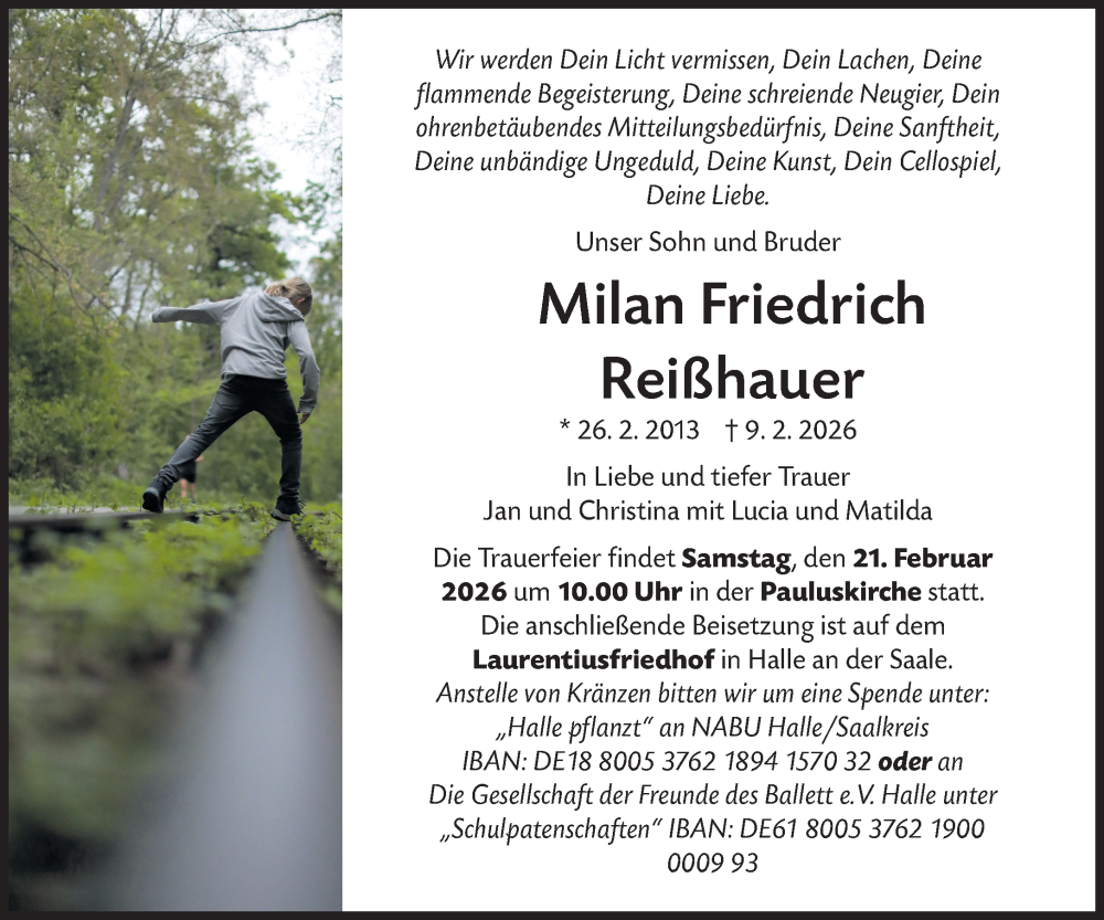  Traueranzeige für Milan Friedrich Reißhauer vom 18.02.2026 aus Süddeutsche Zeitung