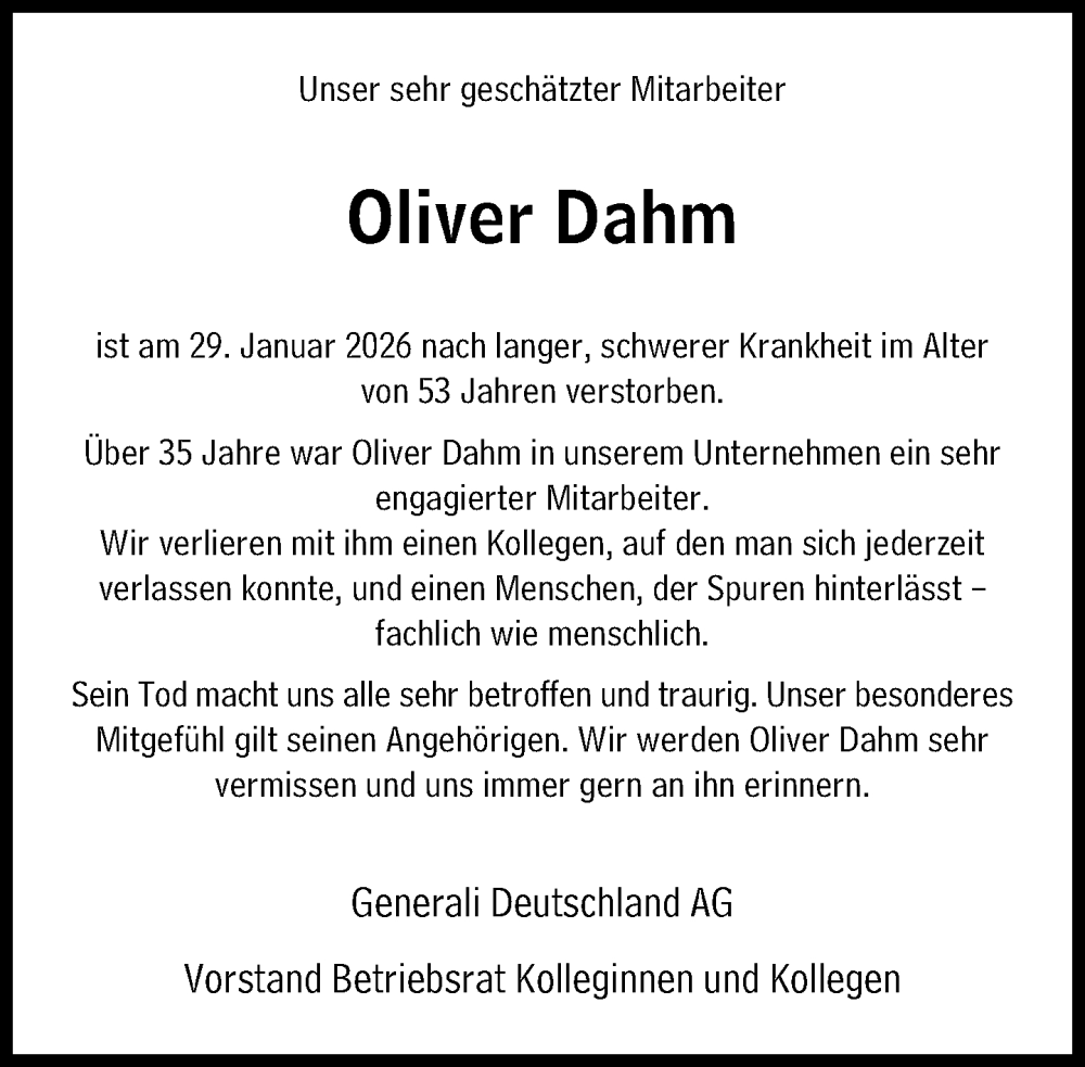  Traueranzeige für Oliver Dahm vom 21.02.2026 aus Süddeutsche Zeitung