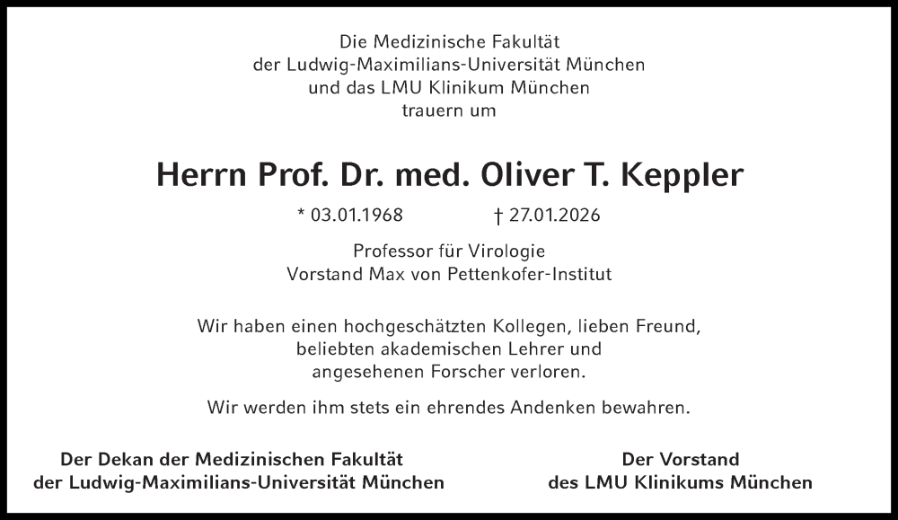  Traueranzeige für Oliver T. Keppler vom 07.02.2026 aus Süddeutsche Zeitung