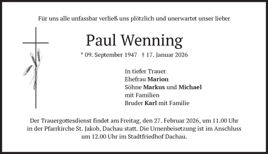 Traueranzeige von Paul Wenning von Süddeutsche Zeitung
