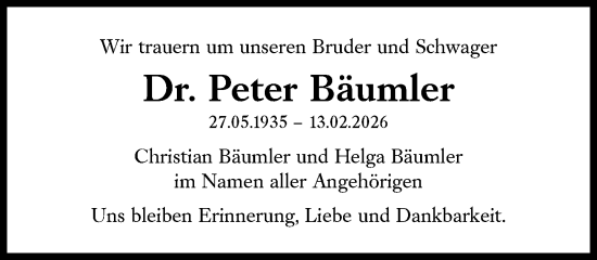 Traueranzeige von Peter Bäumler von Süddeutsche Zeitung