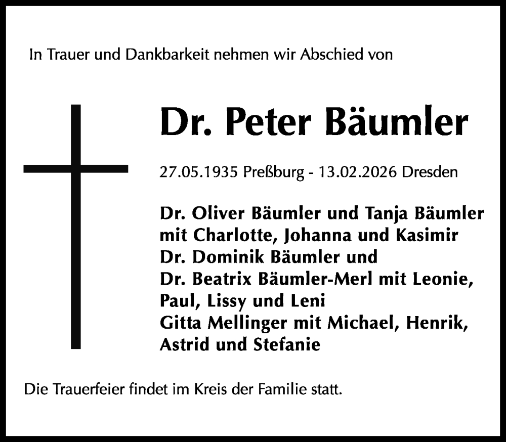  Traueranzeige für Peter Bäumler vom 18.02.2026 aus Süddeutsche Zeitung