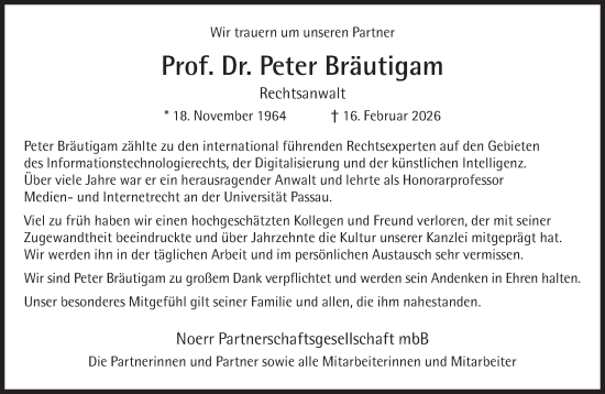 Traueranzeige von Peter Bräutigam von Süddeutsche Zeitung