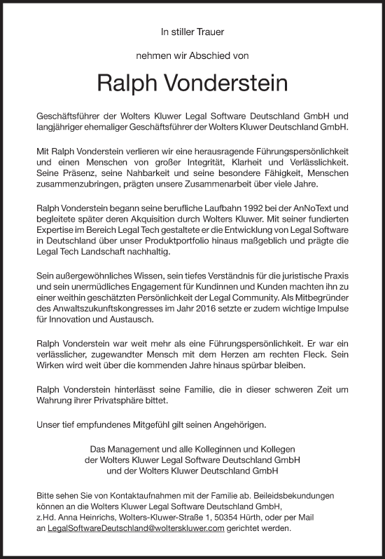 Traueranzeige von Ralph Vonderstein von Süddeutsche Zeitung