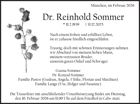 Traueranzeige von Reinhold Sommer von Süddeutsche Zeitung