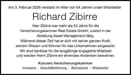 Traueranzeige von Richard Zibirre von Süddeutsche Zeitung
