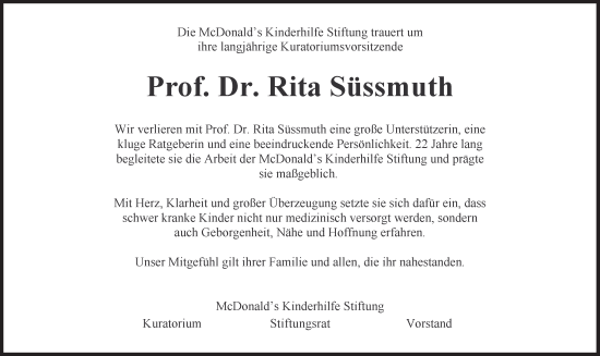 Traueranzeige von Rita Süssmuth von Süddeutsche Zeitung
