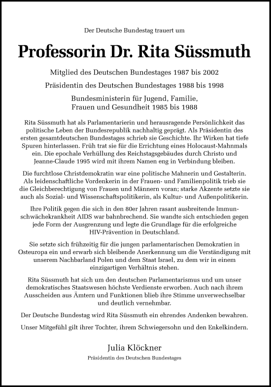 Traueranzeige von Rita Süssmuth von Süddeutsche Zeitung