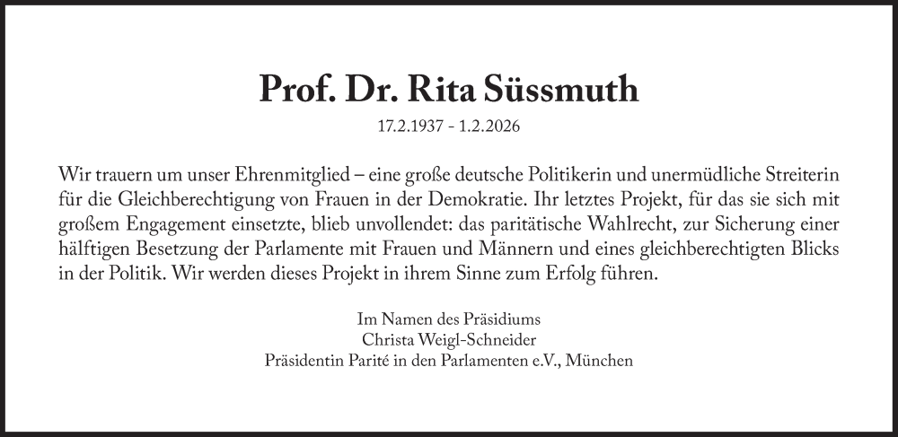  Traueranzeige für Rita Süssmuth vom 07.02.2026 aus Süddeutsche Zeitung