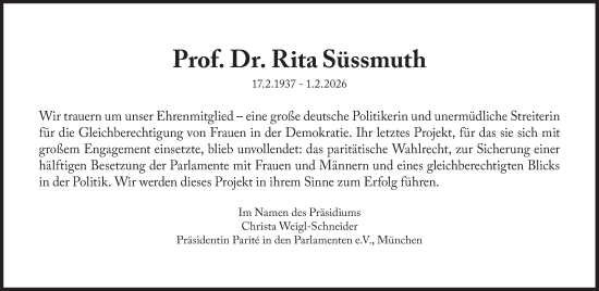 Traueranzeige von Rita Süssmuth von Süddeutsche Zeitung