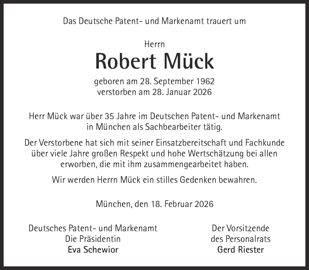  Traueranzeige für Robert Mück vom 20.02.2026 aus Süddeutsche Zeitung