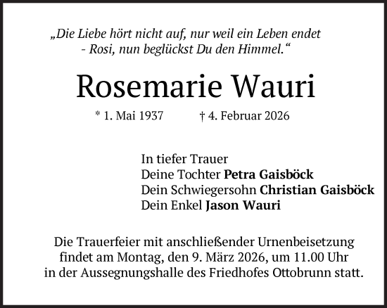 Traueranzeige von Rosemarie Wauri von Süddeutsche Zeitung
