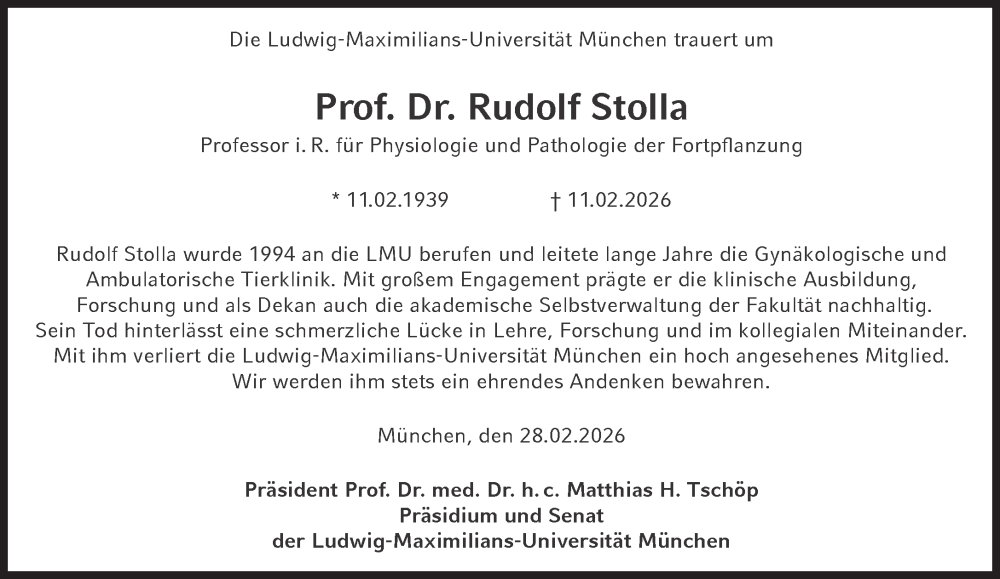  Traueranzeige für Rudolf Stolla vom 28.02.2026 aus Süddeutsche Zeitung