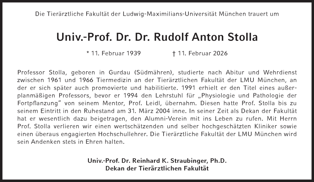  Traueranzeige für Rudolf Anton Stolla vom 28.02.2026 aus Süddeutsche Zeitung