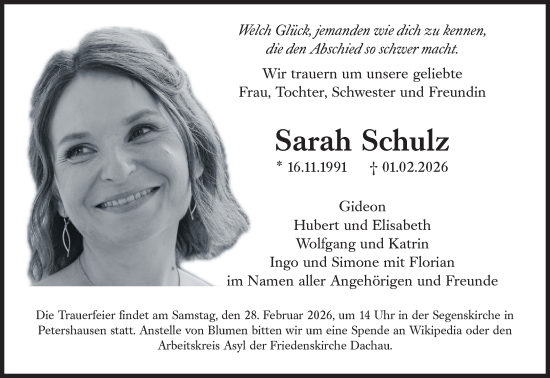 Traueranzeige von Sarah Schulz von Süddeutsche Zeitung