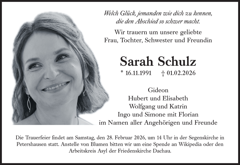  Traueranzeige für Sarah Schulz vom 21.02.2026 aus Süddeutsche Zeitung