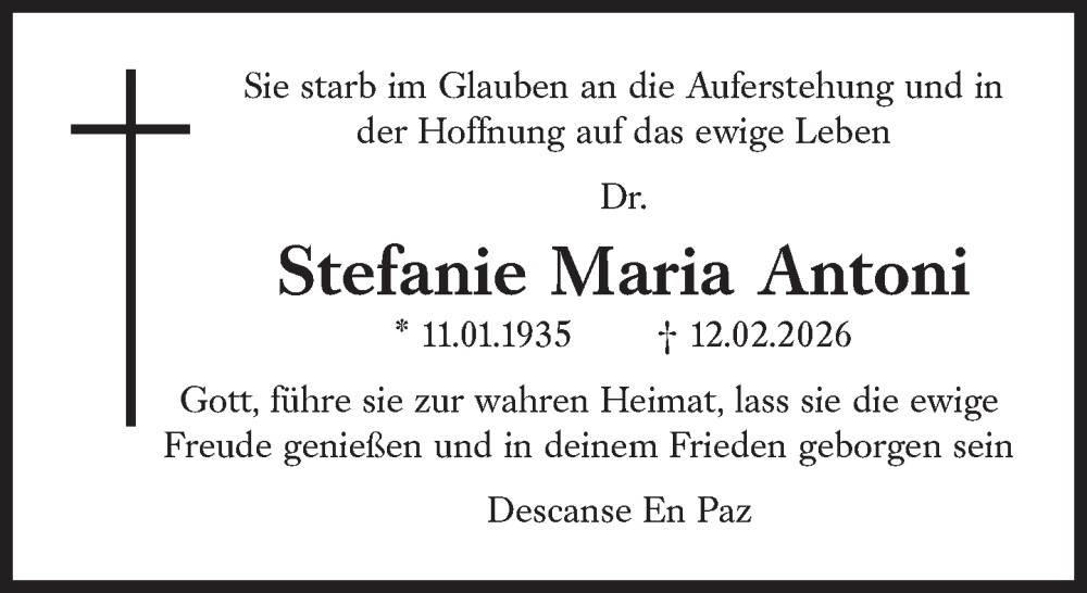  Traueranzeige für Stefanie Maria Antoni vom 19.02.2026 aus Süddeutsche Zeitung