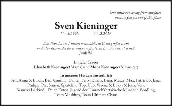 Traueranzeige von Sven Kieninger von Süddeutsche Zeitung