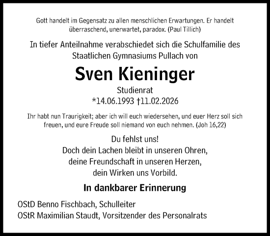 Traueranzeige von Sven Kieninger von Süddeutsche Zeitung
