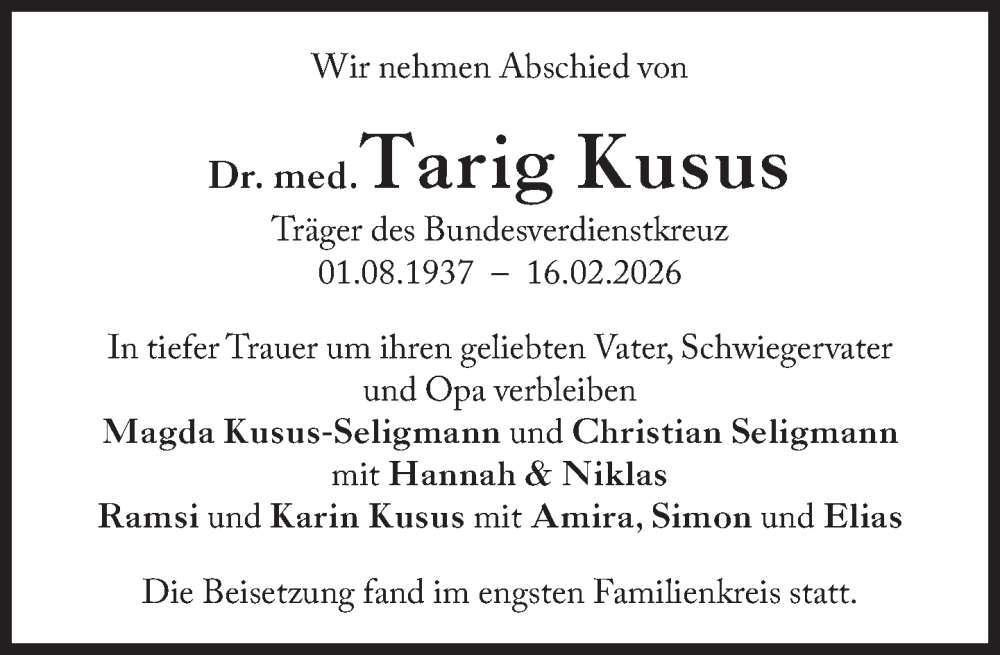  Traueranzeige für Tarig Kusus vom 21.02.2026 aus Süddeutsche Zeitung