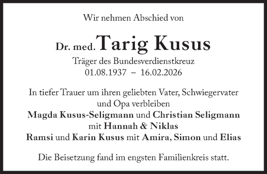 Traueranzeige von Tarig Kusus von Süddeutsche Zeitung