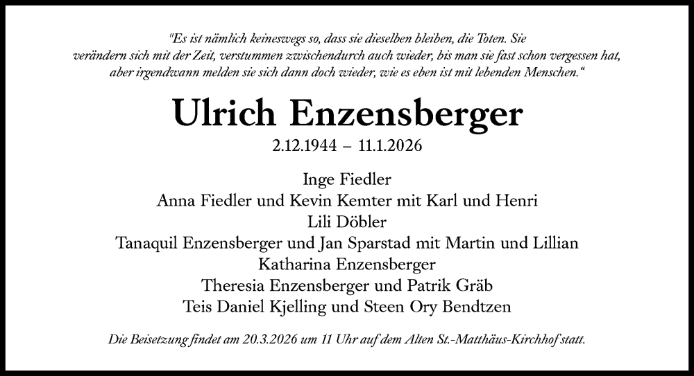  Traueranzeige für Ulrich Enzensberger vom 14.02.2026 aus Süddeutsche Zeitung