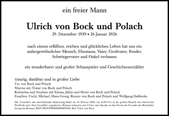 Traueranzeige von Ulrich von Bock und Polach von Süddeutsche Zeitung