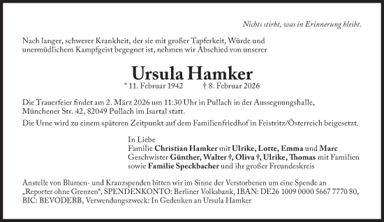 Traueranzeige von Ursula Hamker von Süddeutsche Zeitung