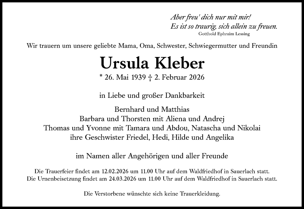  Traueranzeige für Ursula Kleber vom 07.02.2026 aus Süddeutsche Zeitung